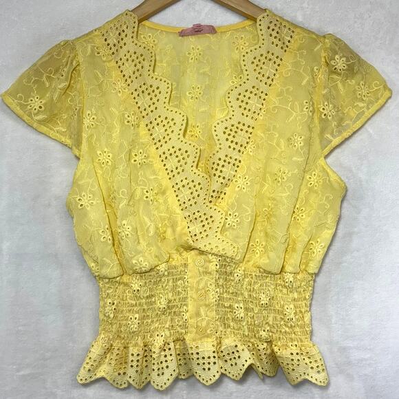 Rose & Grey M Yellow Eyelet Lace Crop Top Ruffle Cottage Coquette Softgirl Cute - Picture 2 of 10